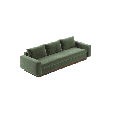 A modern three-seater sofa with green fabric upholstery and a prominent dark wood plinth base. It features clean lines, broad rounded armrests, and loose back cushions. — 3D model (AI enhanced source)