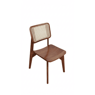 An armless side chair featuring a solid wood frame with a contoured wooden seat and a backrest incorporating a natural cane webbing insert, all in a warm brown finish. — 3D model (AI enhanced source)