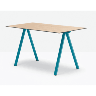 A contemporary rectangular table featuring a light wood-toned top and vibrant teal A-frame metal legs, set against a plain white background. The table has a clean, minimalist design. — 3D model (AI enhanced source)