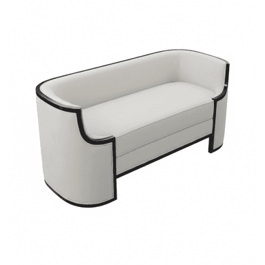 A sophisticated two-seater loveseat featuring a continuous, rounded back and integrated armrests, upholstered in a pristine white fabric. The entire silhouette is accentuated by a bold, black contrasting trim that outlines its elegant curves and base, giving it a distinctive Art Deco or contemporary aesthetic. — 3D model (AI enhanced source)