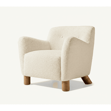 A contemporary armchair upholstered in cream-colored bouclé fabric, featuring a rounded silhouette, integrated arms, and wooden legs. — 3D model (AI enhanced source)