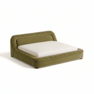 A low-profile upholstered platform bed in an olive green fabric, featuring a distinctive pleated or ruched detail on the headboard and along the side rails. — 3D model (AI enhanced source)