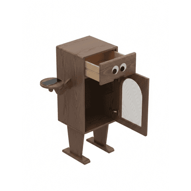 A whimsical wooden nightstand featuring a single drawer with decorative "googly eyes" and a lower cabinet with a reeded glass door. An integrated round shelf extends from the side, designed to hold a small device like a smartphone. The unit stands on two broad, flat feet. — 3D model (AI enhanced source)