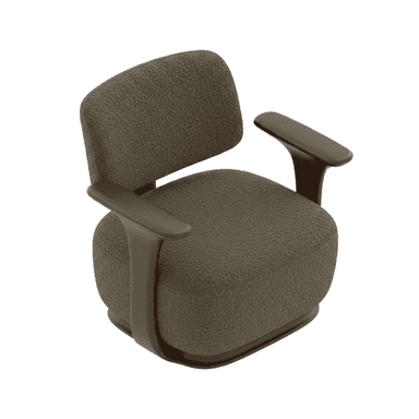 A contemporary armchair featuring a plush, textured olive-green upholstery, supported by a distinct dark wood frame that forms the armrests and wraps around the base. The design is characterized by its rounded, ergonomic forms and clean lines. — 3D model (AI enhanced source)
