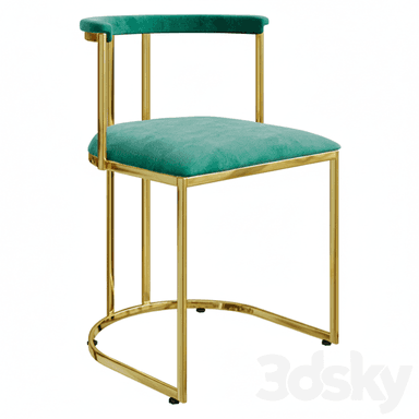An elegant emerald green velvet accent chair featuring a polished gold-finished metal frame. The chair has a minimalist design with a rounded backrest that curves down to form subtle armrests. The seat is square-shaped and upholstered in the same luxurious velvet, resting on a sleek sled-style base made from tubular gold-finished metal. The overall aesthetic is modern and sophisticated. — 3D model (AI enhanced source)