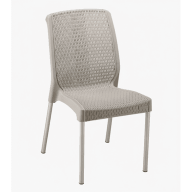 An armless side chair constructed from molded resin with a woven texture on the seat and backrest, supported by four slim metal legs. — 3D model (AI enhanced source)