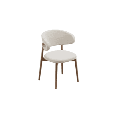 A modern chair featuring a continuous, curved upholstered backrest that seamlessly transitions into integrated armrests, an upholstered circular seat, and four slender, tapered wooden legs. — 3D model (AI enhanced source)
