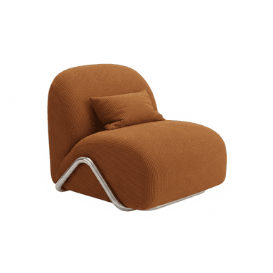 A modern lounge chair featuring rust-colored, ribbed corduroy upholstery, a rounded backrest, and integrated armrests. The chair is supported by a distinctive, polished silver-toned metal sled base that curves along the sides. — 3D model (AI enhanced source)