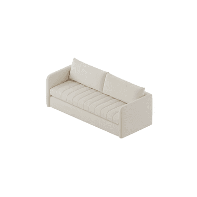 A contemporary upholstered sofa featuring a solid, rectilinear base and rounded arms. The seat cushion is integrated and displays vertical channel tufting, providing a structured yet soft appearance. Two loose back cushions complete the design, all rendered in a light, neutral fabric. — 3D model (AI enhanced source)