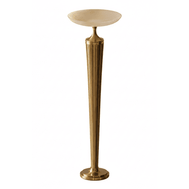A tall, slender pedestal table featuring a fluted brass column and a shallow, dish-shaped alabaster top. The base is circular and stepped, matching the brass finish of the column. The design exhibits clear Art Deco influences with its geometric lines and luxurious materials. — 3D model (AI enhanced source)