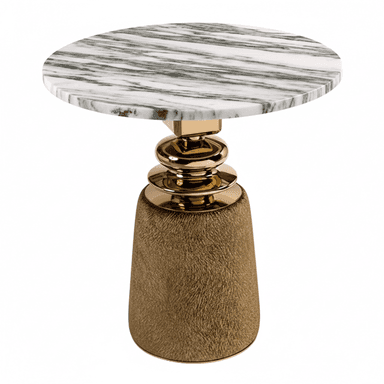 A small accent table featuring a round white marble top with grey veining, a polished gold/brass central stem with stacked ring details, and a conical base covered in a textured bronze/gold material. — 3D model (AI enhanced source)