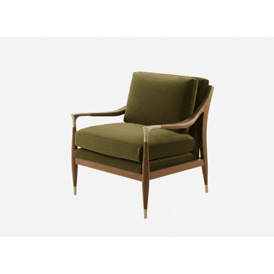 A contemporary lounge chair with a distinct mid-century modern aesthetic, featuring an exposed dark-stained wooden frame, deep olive green fabric upholstery, and polished brass accents on the armrests and leg caps. The chair includes a loose seat cushion and a loose back cushion, both upholstered in the same fabric, offering a comfortable seating experience. Its design emphasizes clean lines, warm materials, and a sophisticated, inviting presence. — 3D model (AI enhanced source)