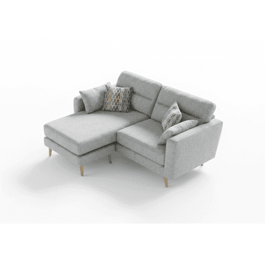 A modern sectional sofa upholstered in light grey fabric, featuring a left-hand chaise extension, supportive back cushions, and slender wooden legs, accompanied by two decorative throw pillows. — 3D model (AI enhanced source)