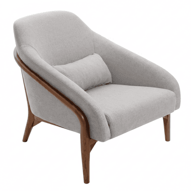 A light gray upholstered lounge chair featuring a prominent exposed wooden frame that curves to form the armrests and extends into the splayed legs. The chair includes a small, loose lumbar support pillow. — 3D model (AI enhanced source)