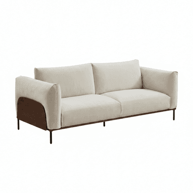A two-seater sofa featuring a light beige fabric upholstery, dark wood armrest panels, and slender black metal legs. The design is clean and modern, with plush seat and back cushions, suggesting comfort while maintaining a refined aesthetic. The wooden panels add a distinctive visual element to the sofa's profile. — 3D model (AI enhanced source)