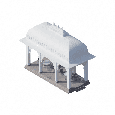 A white, ornate gazebo structure with a domed roof, decorative arches, and intricate detailing along the eaves and roof peak. The structure is raised on a plinth with steps and contains a circular table and several chairs inside. — 3D model (AI enhanced source)