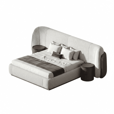 A modern, upholstered platform bed featuring an expansive, curved headboard with vertical channel stitching. The headboard seamlessly integrates two circular, dark wood nightstands on either side, each with two drawers. The bed frame itself is also upholstered in a light grey textured fabric, resting on a subtle, dark base. The bed is adorned with white and brown bedding. — 3D model (AI enhanced source)