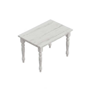 A rectangular, distressed white wooden accent table with four turned legs, presented against a clean white background. The finish shows intentional signs of wear, revealing hints of the natural wood underneath. — 3D model (AI enhanced source)