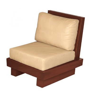 A modern armless lounge chair featuring a dark wooden frame and plush, light-colored upholstered cushions. The low-profile design includes a solid wooden backrest and a substantial wooden base with integrated block legs. The seat and back cushions are thick and appear to be made of a smooth material like faux leather, offering a comfortable seating experience. — 3D model (AI enhanced source)