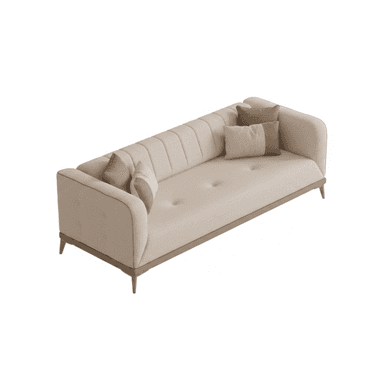A contemporary three-seater sofa upholstered in a light beige fabric, featuring vertical channel tufting on the backrest and button tufting on the seat cushion. It has sloped, rounded arms and rests on tapered wooden legs with a visible wooden trim along the bottom edge of the frame. The sofa includes several decorative throw pillows in coordinating neutral tones. — 3D model (AI enhanced source)
