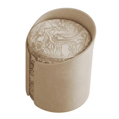 A contemporary barrel-shaped accent chair featuring a unique dual-upholstery design. The exterior shell is covered in a smooth, solid beige or taupe fabric, likely velvet or suede, forming a continuous curved backrest and base. The interior seating surface, including the seat cushion and inside back, is upholstered in a contrasting patterned fabric, exhibiting a marbled or abstract design in shades of beige and gold. The chair has a compact, individual seating form factor. — 3D model (AI enhanced source)