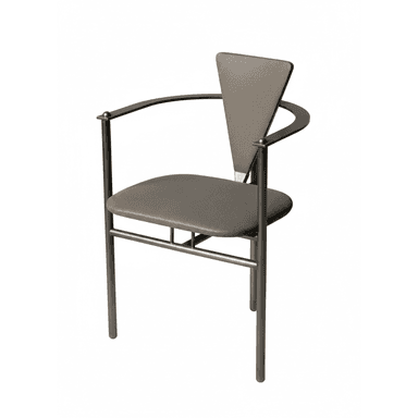 A contemporary armchair with a dark gray tubular metal frame, featuring a padded seat and a distinctive triangular backrest, both upholstered in a perforated textile. — 3D model (AI enhanced source)