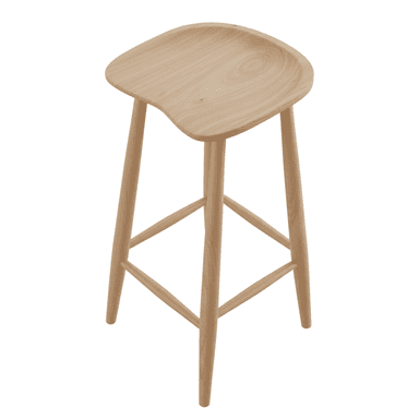 A tall, backless bar stool featuring a sculpted wooden seat and splayed, tapered legs connected by footrests. The stool is made from light-toned wood with a natural finish, showcasing minimalist Scandinavian-inspired design. — 3D model (AI enhanced source)