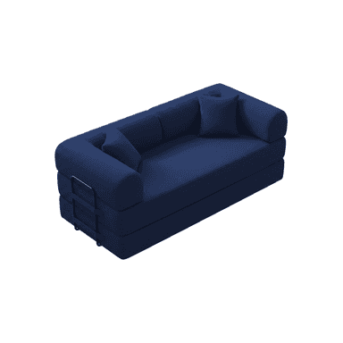 A dark navy blue convertible sofa bed, upholstered in a distinct ribbed fabric texture. The design features a low profile, with the main body appearing to be a stack of cushions that can unfold into a bed. It includes two rounded bolster pillows serving as armrests and two square accent pillows. A black metal folding mechanism with small wheels is visible at one end, indicating its convertible functionality. — 3D model (AI enhanced source)