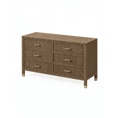 A six-drawer dresser with a woven rattan exterior and brass drawer pulls. The dresser has a rectangular top and rests on four legs, each with a brass-colored cap. — 3D model (AI enhanced source)