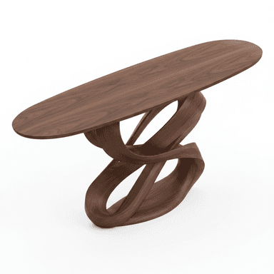 A contemporary console table featuring an elongated oval tabletop crafted from dark walnut wood. The most distinctive feature is its sculptural base, also made of walnut, which consists of multiple intertwined and curving wooden elements forming an organic, artful support structure. — 3D model (AI enhanced source)