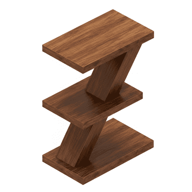 A modern Z-shaped three-tier display shelf crafted from wood, featuring three rectangular horizontal surfaces connected by two diagonal support panels. The design creates a dynamic, staggered appearance suitable for displaying small items or acting as an accent piece. — 3D model (AI enhanced source)