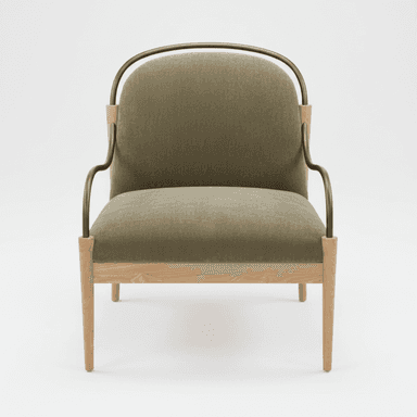 A contemporary upholstered accent armchair featuring a light oak wooden frame and distinctive curved metal arms in a bronze or brass finish. The seat and backrest are generously cushioned and upholstered in an olive green or khaki fabric. The chair stands on four tapered wooden legs, and the overall design is clean and modern. — 3D model (AI enhanced source)