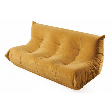 A mustard yellow corduroy upholstered sofa with a distinctive pleated and tufted design, an all-foam construction, and a low-slung profile. — 3D model (AI enhanced source)