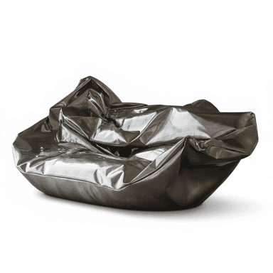 A contemporary sofa with an abstract, crumpled design. The piece features a highly reflective, metallic surface and a low-profile silhouette. Its form suggests a deliberate artistic interpretation of a seating element, characterized by fluid, organic curves and sharp creases. — 3D model (AI enhanced source)