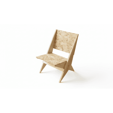 A low-profile, minimalist lounge chair featuring a seat and backrest made from oriented strand board (OSB). The frame and splayed legs are constructed from light-colored solid wood, giving it a raw and industrial aesthetic. — 3D model (AI enhanced source)