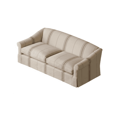 A cream-colored two-seater sofa with a brown ticking stripe pattern, featuring rolled arms and a tailored skirted base. — 3D model (AI enhanced source)