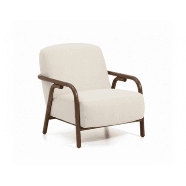 A modern armchair with a upholstered seat, back, and arms, supported by a wooden frame. The frame features curved wooden arms that extend to form the armrests, and dark wooden legs. — 3D model (AI enhanced source)