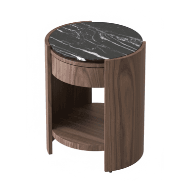 A modern round nightstand crafted from dark walnut wood with a polished black marble top. It features a single integrated drawer and an open circular lower shelf, supported by a curved panel design. The contrasting materials and clean lines give it a contemporary aesthetic. — 3D model (AI enhanced source)