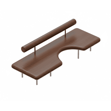 A modern and minimalist bench featuring an asymmetric dark wood seat with soft, rounded edges. The seat is supported by several slim, cylindrical silver-toned metal legs. A matching dark wood tubular backrest is mounted above one side of the seat, supported by two vertical metal rods. — 3D model (AI enhanced source)