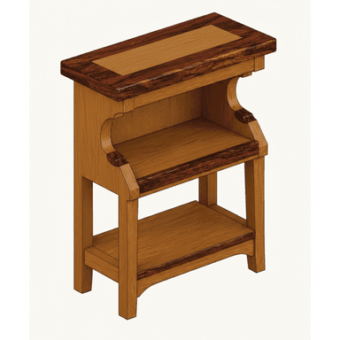 A small, two-tiered wooden stand featuring a distinctive slanted top. The top surface and the trim around the two open shelves are crafted from a darker, richly-grained wood, contrasting with the lighter, medium-toned wood of the main structure. The design incorporates elegant S-curve cutouts on the side panels supporting the upper shelf. The overall aesthetic suggests traditional craftsmanship. — 3D model (AI enhanced source)
