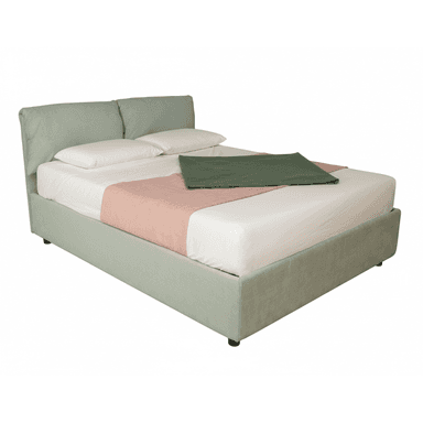 A contemporary upholstered platform bed featuring a light green fabric frame and a distinctive headboard composed of two soft, pillow-like cushions. — 3D model (AI enhanced source)