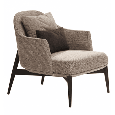 A modern upholstered lounge chair with a beige and brown textured fabric, featuring a supportive back and wide armrests. The chair is designed for comfort, with two loose cushions—one large back cushion in a lighter gray-beige and a smaller, darker brown lumbar cushion. The seat is deep, and the chair rests on a dark-stained wooden frame with slender, tapered legs. — 3D model (AI enhanced source)