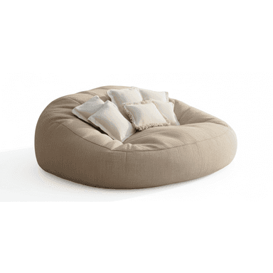 A large, round, bean bag-style seating unit upholstered in a textured, light beige fabric. It features a soft, unstructured form and is accompanied by several small, off-white throw pillows, some with fringed edges, arranged on its surface. The overall appearance suggests a comfortable and casual seating option. — 3D model (AI enhanced source)