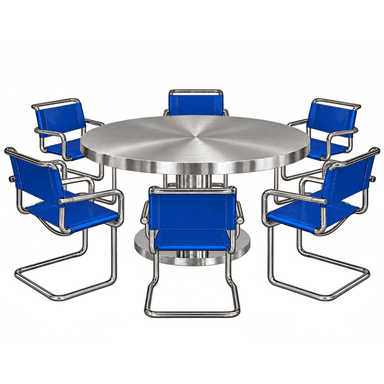A modern dining set featuring a round, brushed stainless steel table with a central pedestal base and six accompanying chairs. The chairs have polished chrome tubular frames with a cantilever design and are upholstered with bright blue textile sling fabric for the seats and backs. — 3D model (AI enhanced source)
