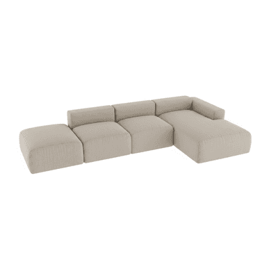 A render of a modern modular sectional sofa upholstered in a light beige, subtly textured fabric. The sofa is composed of five distinct units: an armless ottoman, two armless middle sections, a corner piece, and a chaise lounge with a single armrest, forming an L-shaped configuration. The design features a low profile with block-like, plush cushions for both seats and backrests. — 3D model (AI enhanced source)