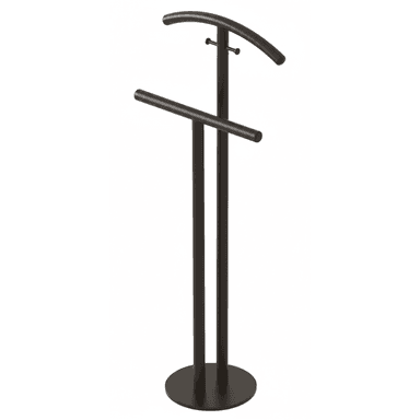 A dark bronze or black metal valet stand featuring a sturdy circular base, a single central vertical post, a curved upper bar designed to hold a jacket or shirt, and a straight horizontal lower bar suitable for trousers or skirts. A small hook is also present on the central post below the upper curved bar. — 3D model (AI enhanced source)