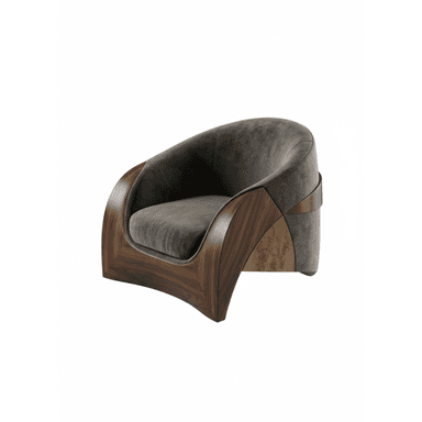 A contemporary barrel lounge chair featuring a distinctive curved wooden and metallic frame with dark grey velvet upholstery. The chair's back and armrests form a continuous, enveloping curve, creating a cozy and luxurious seating experience. The exterior frame showcases rich dark wood with prominent grain, accented by geometric metallic details in a bronze finish. — 3D model (AI enhanced source)