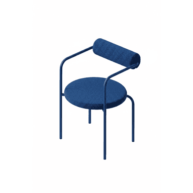 A contemporary accent chair with a circular seat and a cylindrical backrest, supported by a slender metal frame. The upholstery is a textured, deep blue fabric. — 3D model (AI enhanced source)