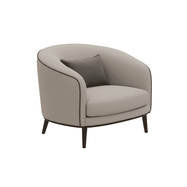 A contemporary upholstered armchair with a rounded barrel back, light beige fabric, dark piping detail, and tapered dark wood legs, accompanied by a small grey toss pillow. — 3D model (AI enhanced source)