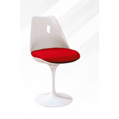 A white Mid-Century Modern style dining chair featuring a single pedestal base and a contoured molded shell, accented with a vibrant red removable fabric cushion. — 3D model (AI enhanced source)